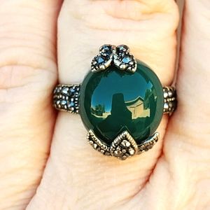 New Wrap Pave Crystal Butterfly Oval Green Agate Silver Ring.